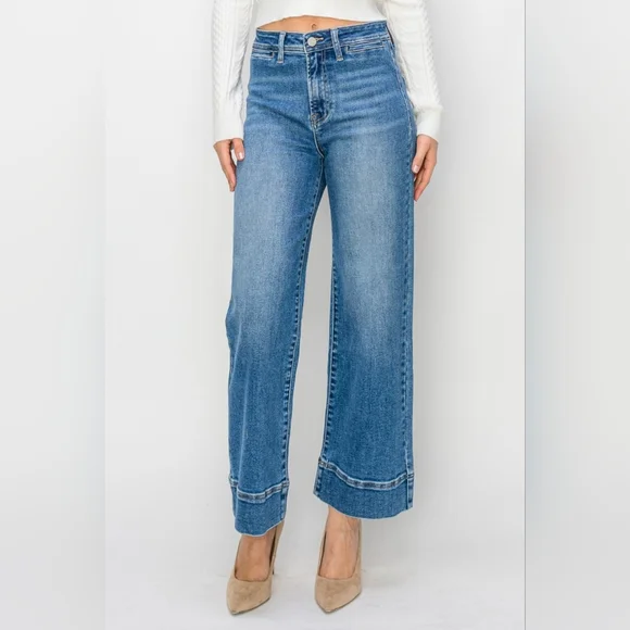 RISEN Wide Leg Flare Bell Bottom High-Rise Waist Jeans Retro Classic Denim Pants - Picture 3 of 12